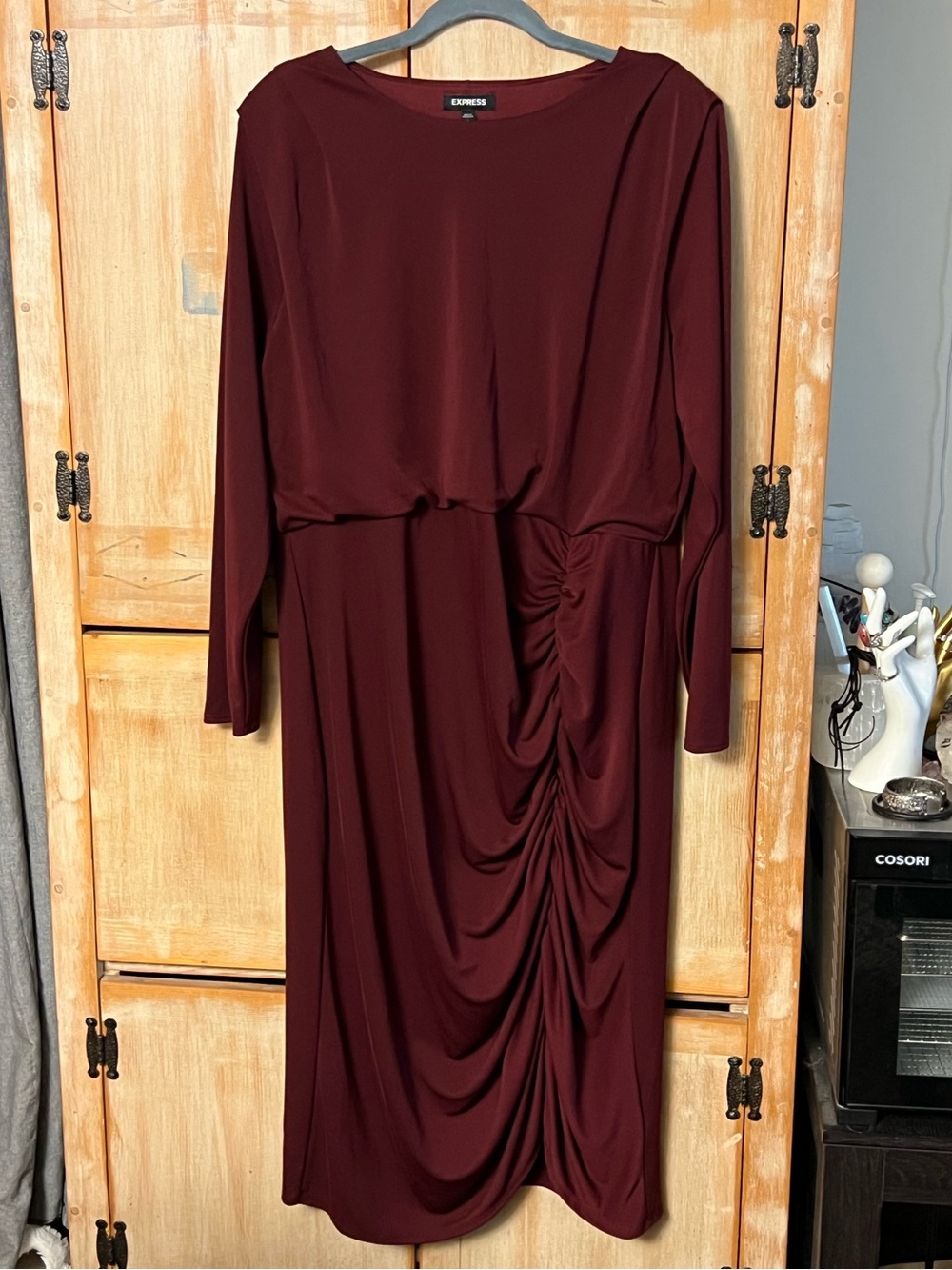 Express Long Sleeve Ruched Midi Dress in Burgundy Wine